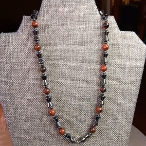 Unique Hematite And Brown 21" Beaded Necklace EUC